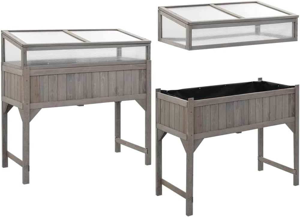 Solid Wood Raised Garden Bed with Greenhouse Gray 43.3in | Elevated wooden planter box with clear cold frame top