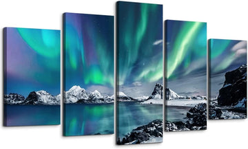 Large Canvas Wall Art Set - Blue Aurora Scenery Paintings - Modern Canvas Art Prints Ready to Hang - 5 Piece Set