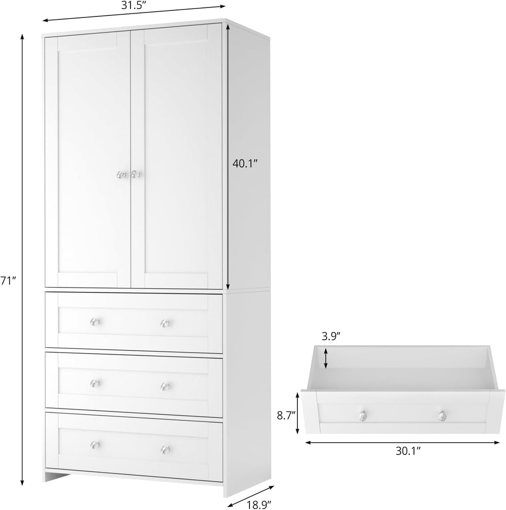 71" Tall Armoire Wardrobe Closet with Drawers and Mirror | Clothing Storage Cabinet with Hanging Rod, 2 Doors Wooden