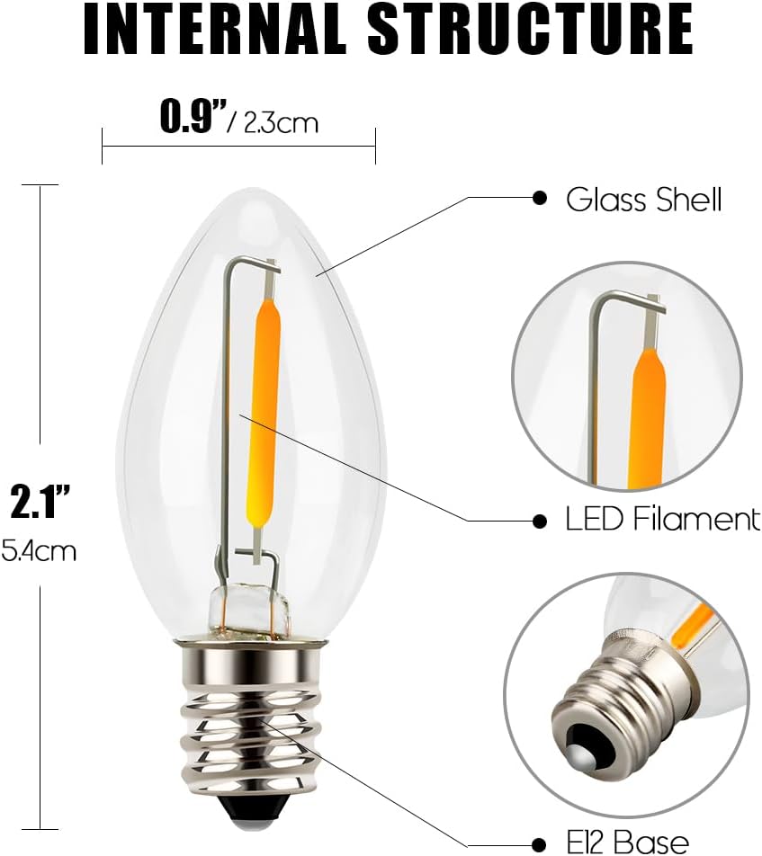 Night Light Bulbs, C7 Candelabra LED Light Bulbs, E12 Chandelier Base, 4W 5W 6W 7W Incandescent Equivalent, Warm