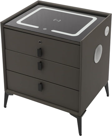 Smart Bedside Side Table w/USB Charging, Smart LED Nightstand w/Three-Color Light & Fingerprint Lock Drawer, Speaker