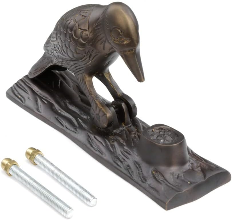 Solid Brass Woodpecker Door Knocker, 6.5" in Antique Brass Finish with Mounting Hardware
