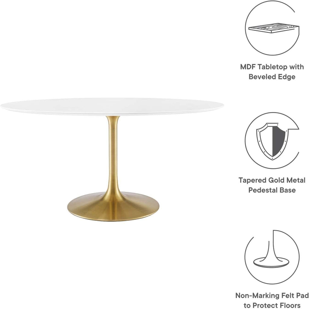 Inspired Saarinen Style Tulip Oval Pedestal Dining Table — Gold Base / White Top, 60″ Oval