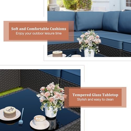 5-Piece Wicker Outdoor Patio Furniture Set - Conversation | Aegean Blue with Thick Cushions for Backyard, Garden & Porch