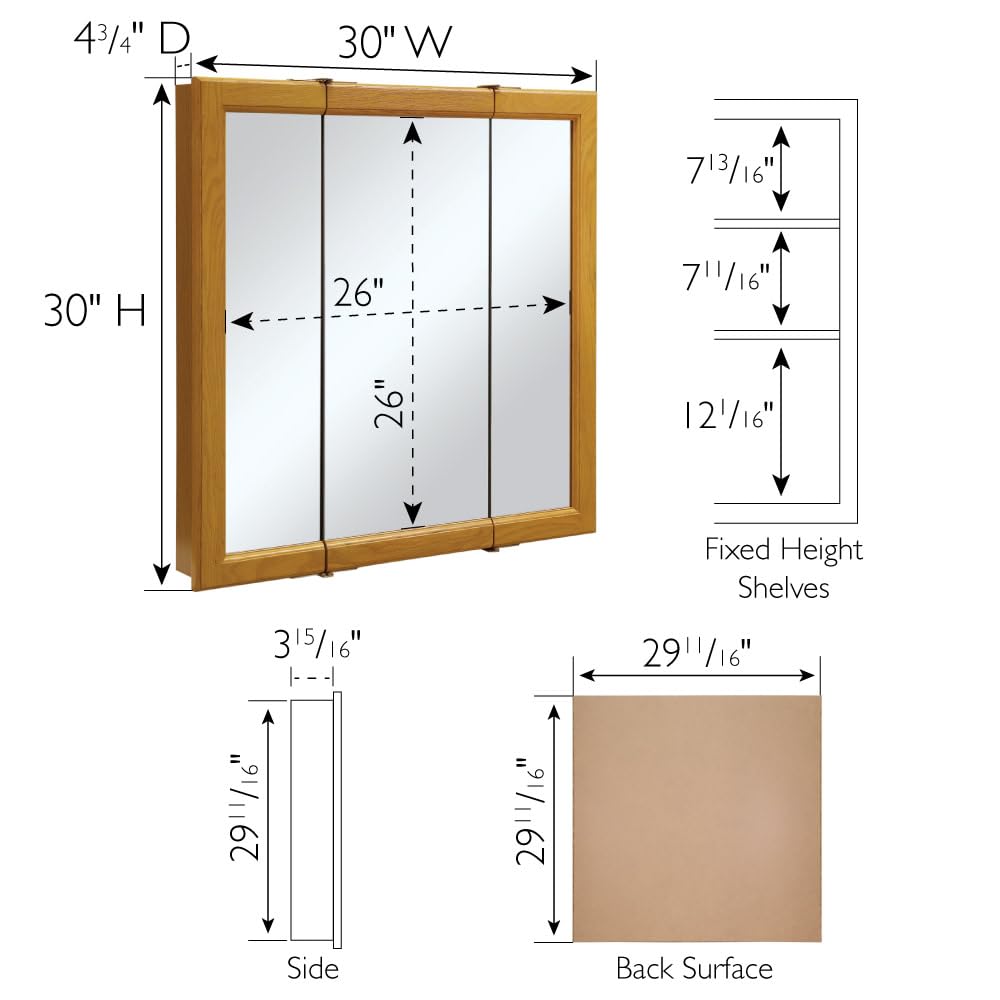 Claremont Tri-View Medicine Cabinet, 30", Honey Oak