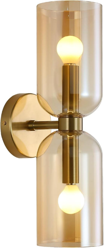 Minimalist 2-Light Gold Wall Sconces with Cylinder Glass Shades- Mid Century Vanity Wall Double Lights Hardwired
