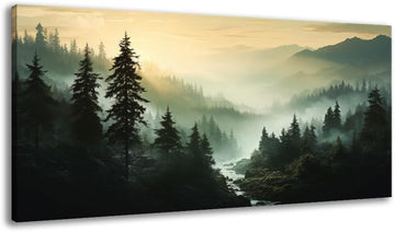 Misty Forest Canvas Wall Art Foggy Mountain Landscape Nature Picture Decor Living Room Pine Trees Smoky Scenery