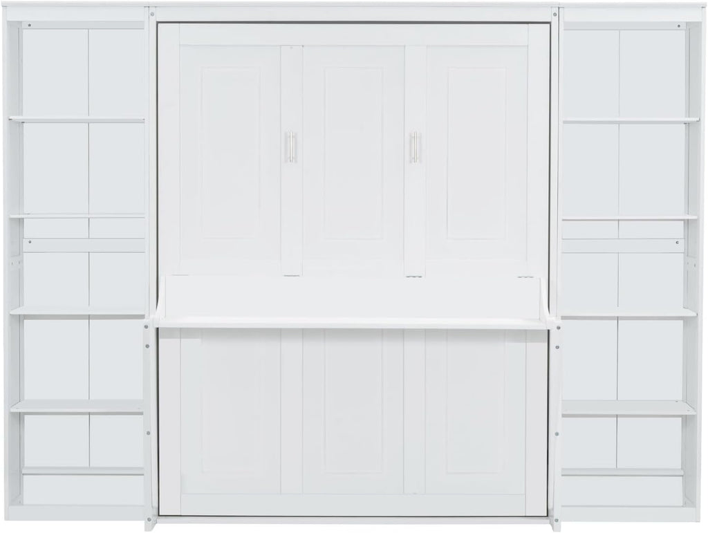 Queen Murphy Bed with Desk and Storage Shelves,Pine Wood Vertical Murphy Wall Bed Cabinet with Storage Bookcase