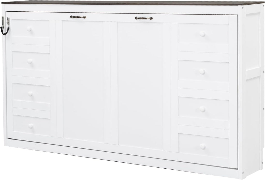 Twin Murphy Bed Cabinet, Space-Saving Foldable Wall Bed with LED Lights, Wooden Horizontal Murphy Bed Frame for