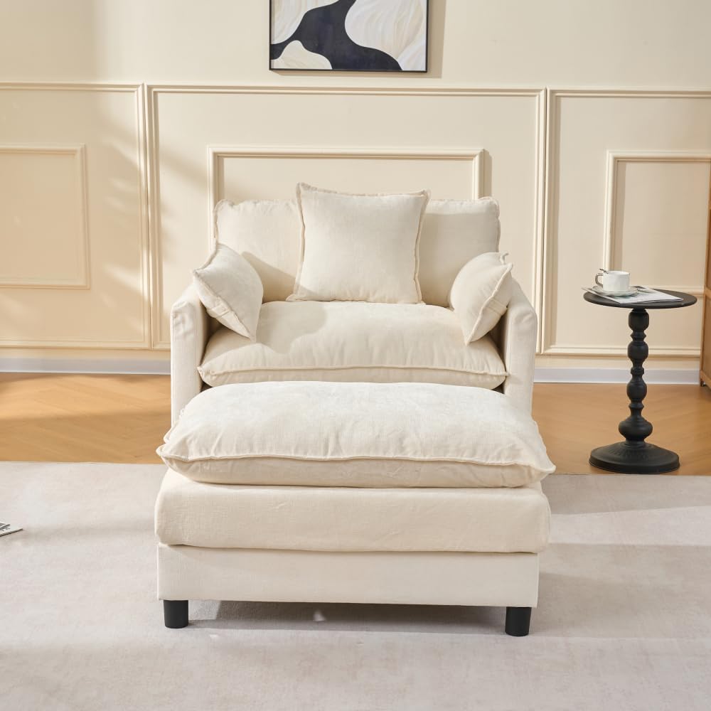 Luxe Oversized Lounge Chair and Ottoman — Beige Chenille