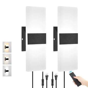 Plug in Wall Sconces with Adjustable 3000K-6500K Colors & 10%-100% Brightness, Wall Sconces Set of Two with Remote