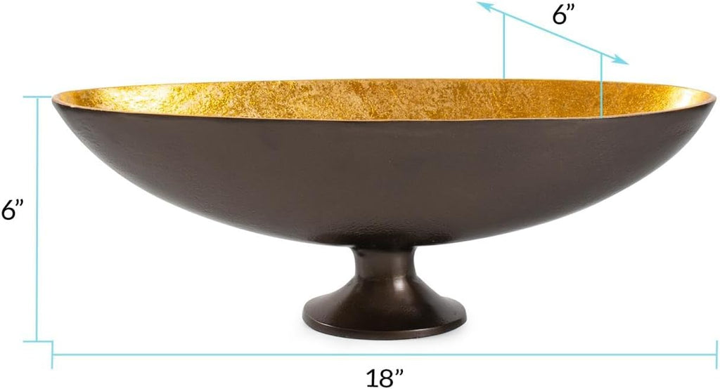 Oblong Gold Footed Bowl for Centerpiece, Decorative Bronze Footed Bowl with Gold Luster Inside Counter, Console