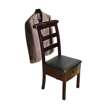 Wood Chair Valet Stand With Hanger Trouser Bar, Top Storage Tray Wardrobe, Clothing Rack Chair Valet With Cushion