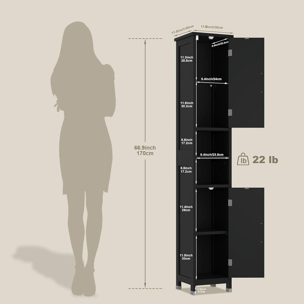 67" Tall Bathroom Storage Cabinet with Lights, Slim Narrow Bathroom Cabinet Organizer with Doors and Adjustable
