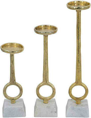 Golden Ring Aluminum and Marble Pillar Candle Holder Set of 3 - Elegant Metallic Decor for Stylish Homes - L:D3.5x17