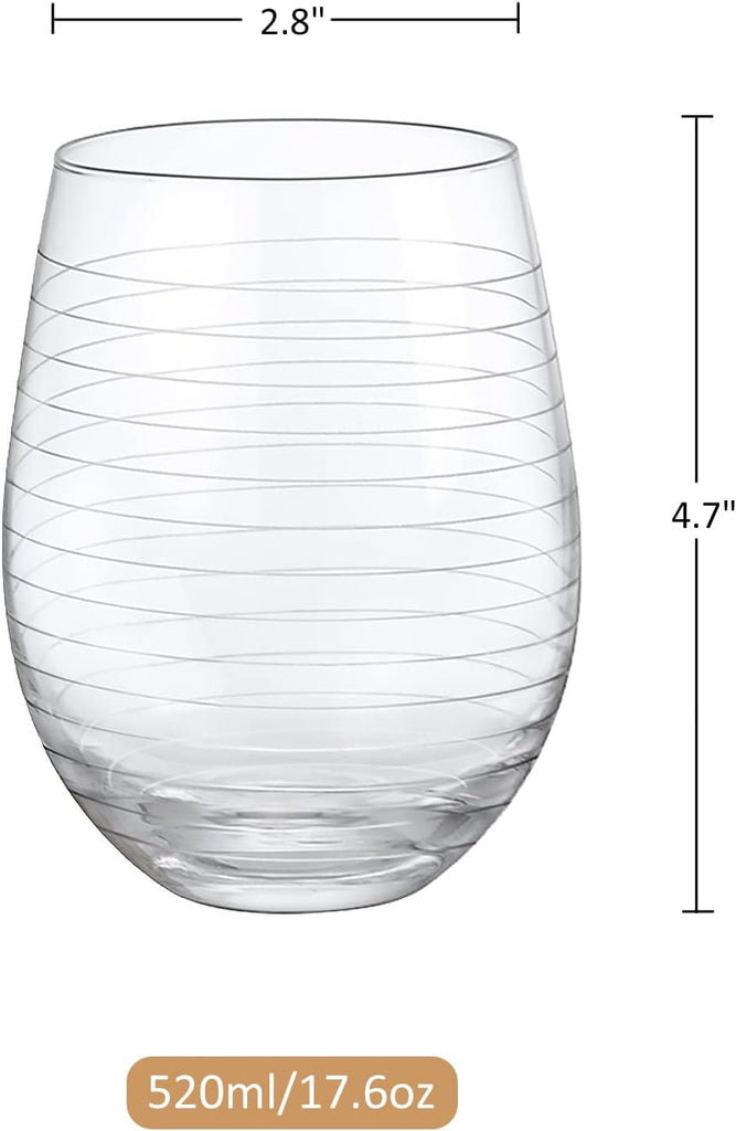Hand Blown Etched Stemless Wine Glasses with Dots Strips Pattern for Red Wine,Large Carved Drinking Glass Cups