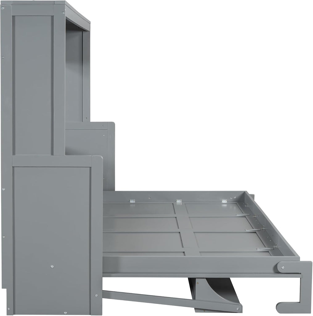 Queen Horizontal Murphy Bed with Desk,Solid Wood Folding Hideaway Murphy Wall Bed for Adult,Guest Room (Grey,Queen)