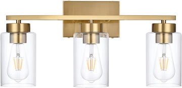 3-Light Bathroom Vanity Light, Modern Brushed Gold Wall Lights with Clear Glass Shades, Bathroom Wall Sconce Lamp for