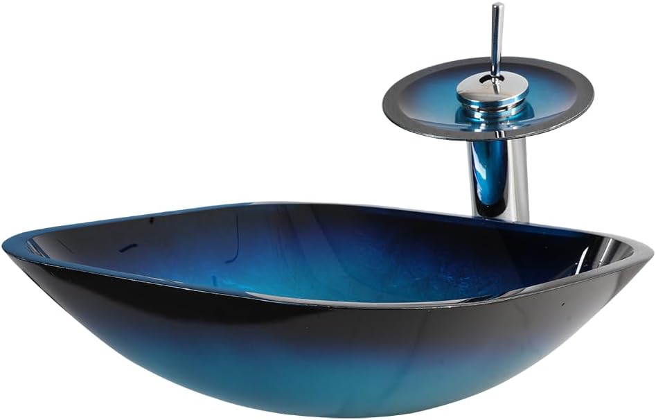 17" Blue Bathroom Vessel Sink,Square Tempered Glass Washing Sink Bowl with Waterfall Faucet And Drain