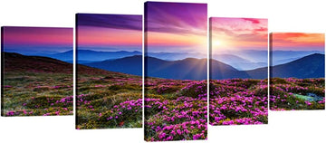 5 Piece Giclee Canvas Prints Wall Art Large Modern Gallery Wrapped Mountains in Sunrise Artwork Purple Landscape