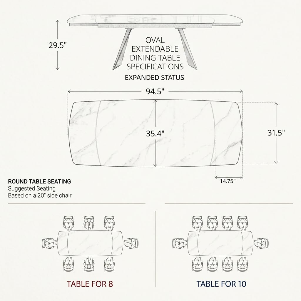 Sintered Stone Dining Table, Extendable Dining Table with Leaf, 65"-95" Rectangular Marble-Look Top, Seats 6-12