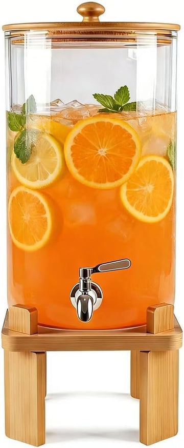 2.3 Gallon Large Glass Drink Dispenser for Parties, with Wood Stand, Juice & Lemonade Dispenser, Iced Beverage