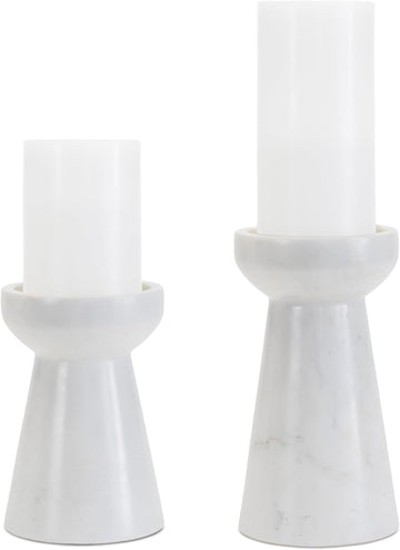 Set of Two White and Gray Marble Tabletop Pillar Candle Holders