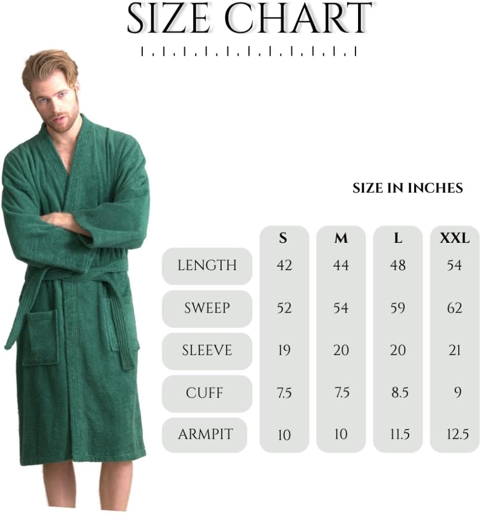 Men's Turkish Terry Kimono Style Bathrobe - 100% Cotton Robe for Men - Comfortable & Absorbent - Soft & Cozy Wear