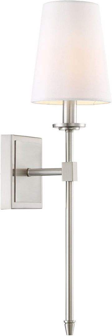 Torche 20" Mid Century Modern Wall Sconce Vanity | Tapered White Linen Shade, Silver Candle Wall Light with Elongated