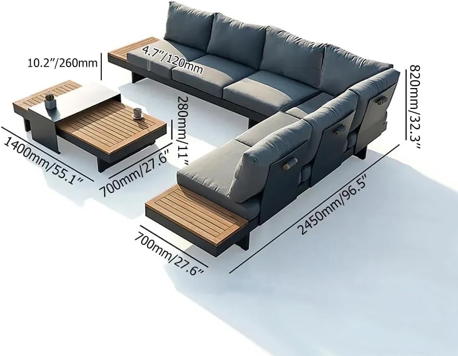4 Piece Outdoor Conversation Sets, Teak & Aluminum Modular Sofa | Patio Sectional Sofa with Adjustable Backrests