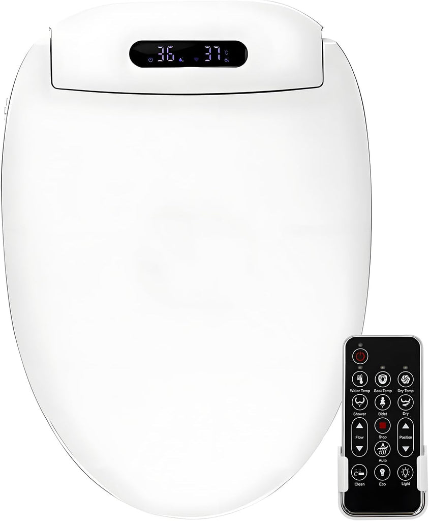 Elongated Smart Heated Bidet Toilet Seat with Slow-Close Lid, Warm Air Dryer, Remote Control, LED Light, Adjustable Temperature