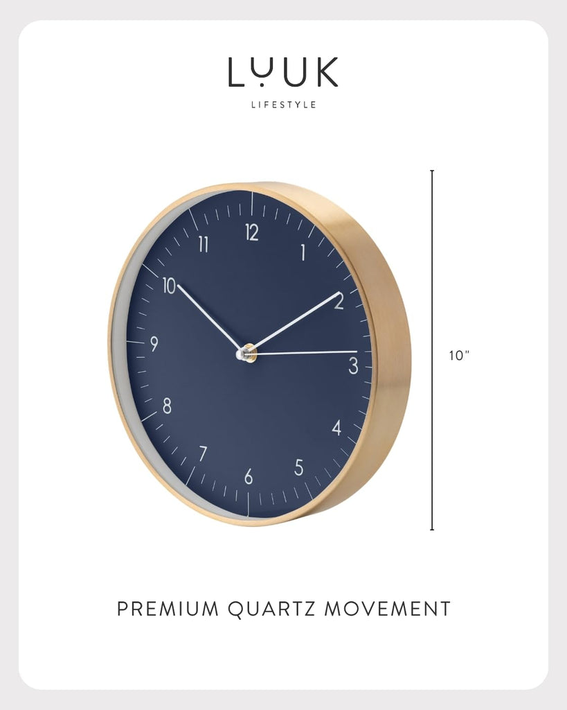 Modern Silent Quartz Wall Clock, 10in, Dark Blue & Gold