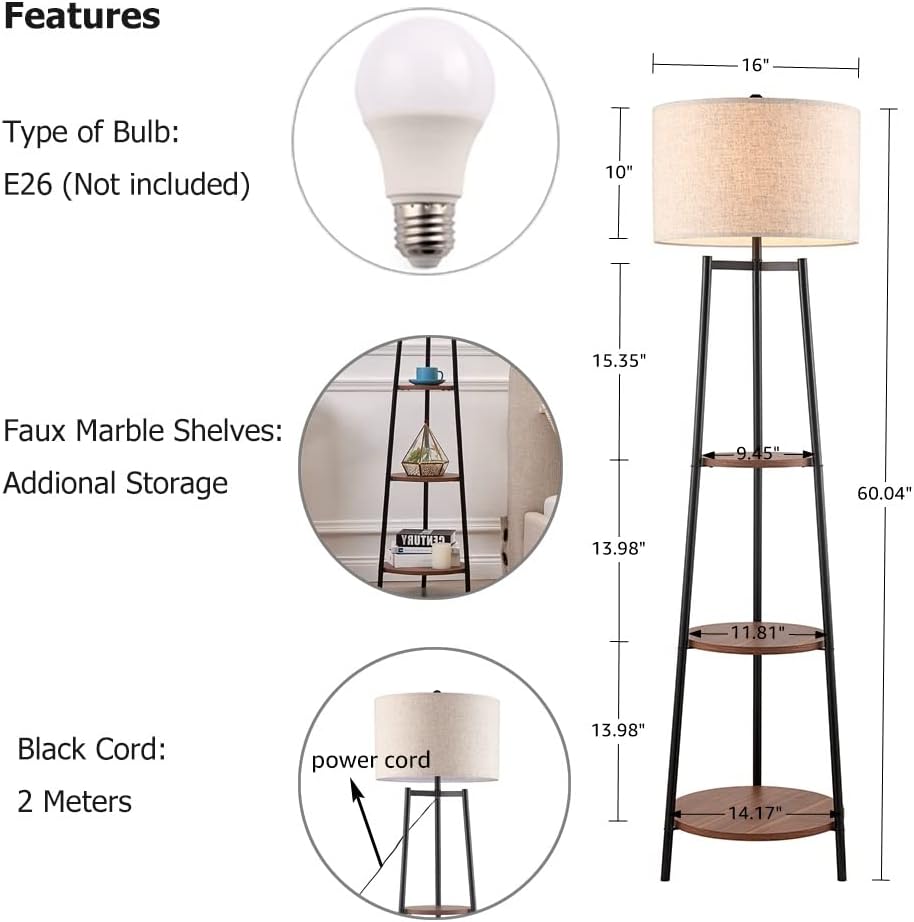 Floor Lamp, Standing Reading Light with Shelves and Fabric Shade, Modern Tall Pole Lamp