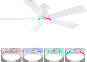 52" Flush Mount RGB Ceiling Fans with Lights - White Low Profile Ceiling Fan Light with Remote/APP, RGB+3CCT 6 Wind Speeds and Reversible, Modern Fan Light Fixture for Party, Kiad's Room