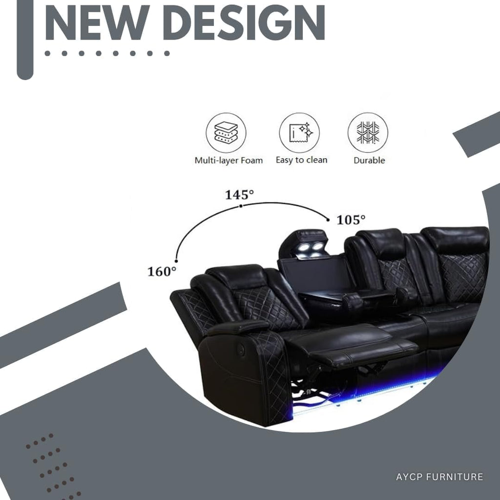 Power Recliner Sofa Sectional Sofa with LED Light for Living Room, Air Leather Reclining Corner Sectional Sofa Set