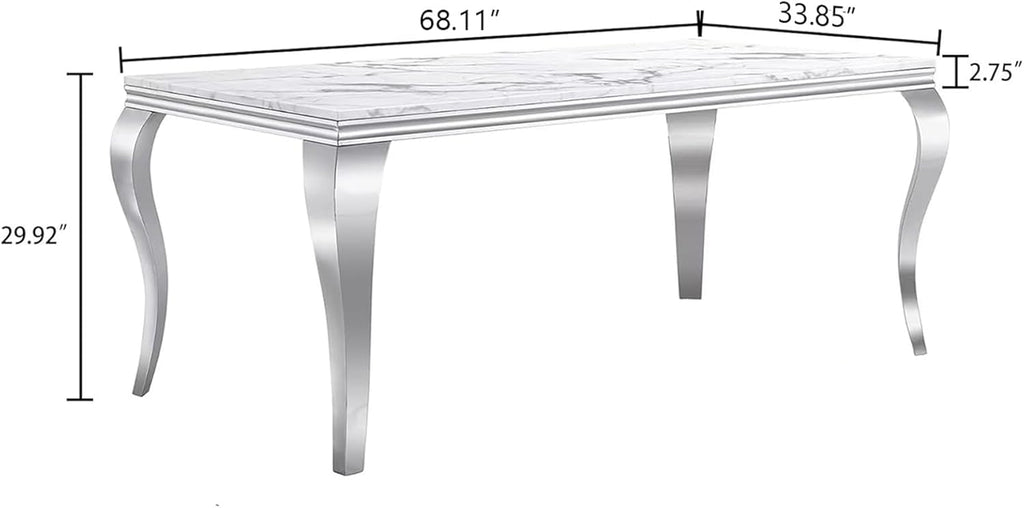 Luxury Marble Dining Table Rectangular 68" Faux Marble Kitchen Table with Silver Mirrored Stainless Steel Legs, White