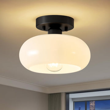 Mid-Century Modern Black Semi Flush Ceiling Light 8.66 Inch | Mini White Glass Shade Close to Ceiling Lighting