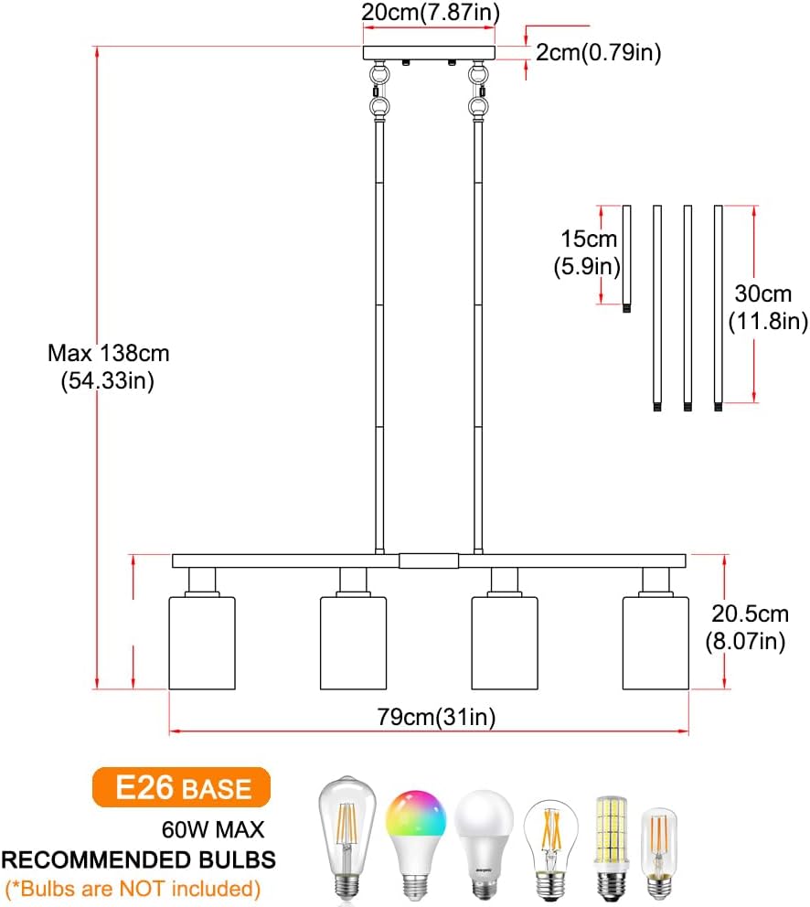 4-Light Kitchen Island Lighting, Black Simplicity Bar Island Lights for Kitchen, Farmhouse Chandelier with Adjustable