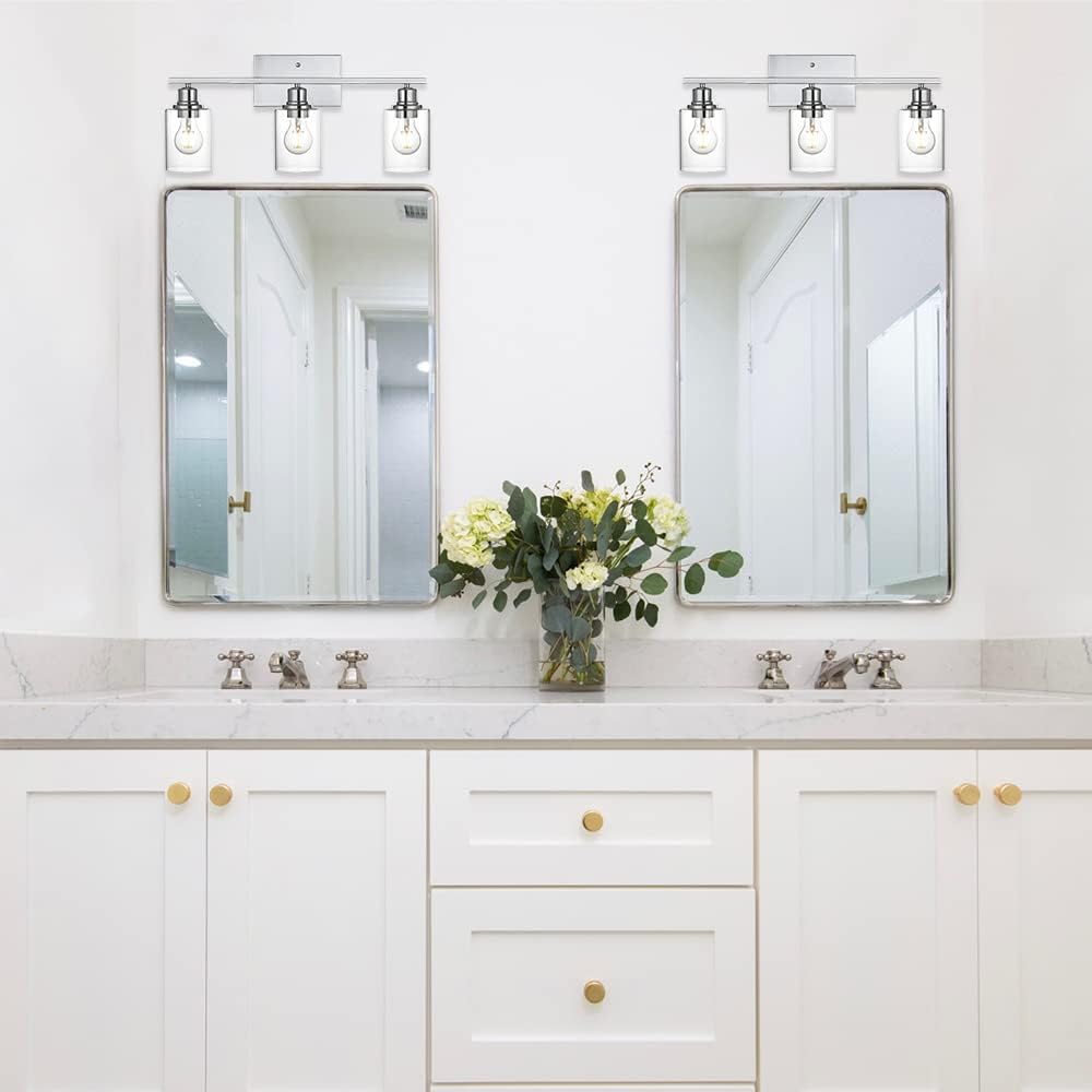 3 Light Wall Light Fixture with Clear Glass Shade Classic Bathroom Vanity Lighting Fixture in Chrome Finish Metal