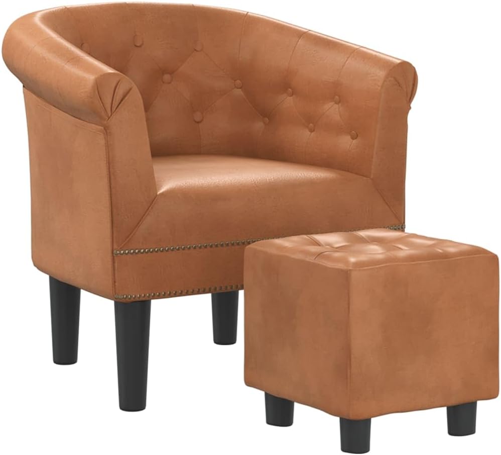 Modern Lounge Chair and Ottoman — Brown Faux Leather