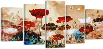 Blooming Poppies 5 Piece Canvas Prints Wall Art Colorful Floral Pictures Paintings Home Decorations Modern Stretched