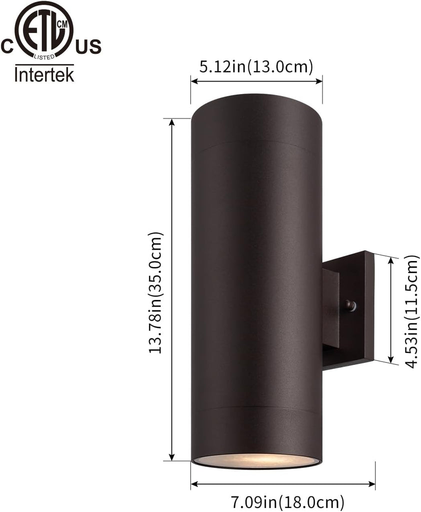 14" Modern Outdoor Porch Light Patio Light in 2 Lights with Aluminum Cylinder and Tempered Glass Cover Waterproof Wall Sconce 2 Pack (Oil Rubbed Bronze)