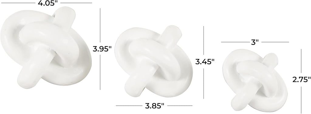 Resin Geometric Decorative Sculpture Knot Inspired Home Decor Statues, Set of 3 Accent Figurines 4", 4", 3"W, White
