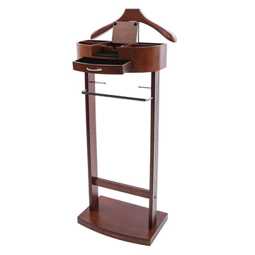 Wooden Suit Valet Stand, Freestanding with Drawer & Storage Tray, Brown