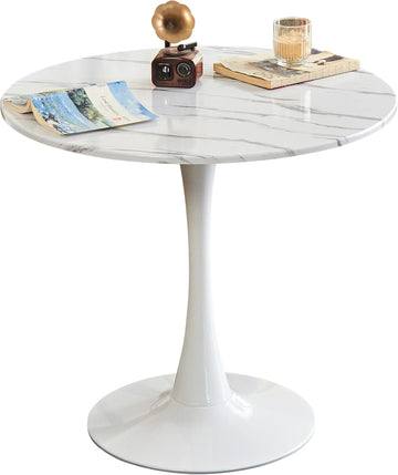 Inspired Saarinen Style Tulip Round Pedestal Dining Table — Faux Marble White, 31.5″ Round