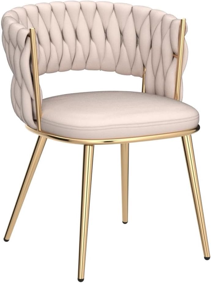 Modern Velvet Dining Chairs Set of 2, Upholstered Living Room Chair with Woven Back and Golden Metal Legs
