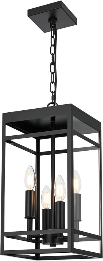 4-Lights Large Outdoor Pendant Light, Matte Black Exterior Hanging Lantern with Clear Glass