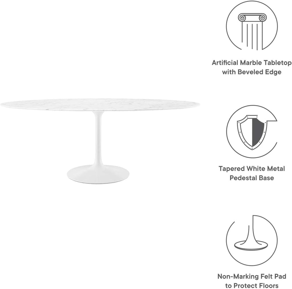 Inspired Saarinen Style Tulip Oval Pedestal Dining Table — White Base / Marble Top, 78″ Oval