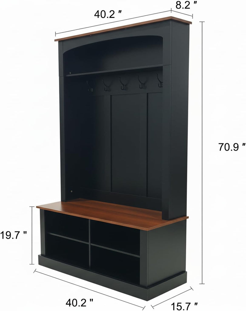 40.2" Wide Farmhouse Hall Tree with Bench, Entryway Coat Rack & Shoe Storage Cabinet with 5 Hooks, 71" Tall Mudroom