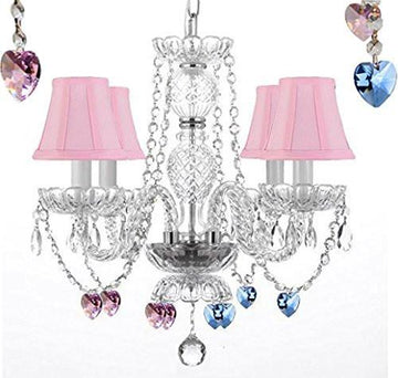 Swarovski Crystal Trimmed Chandelier Chandelier Lighting W/ Crystal Blue And Pink Hearts With Pink Shades - J10-B15/B85/B21/Pinkshades/26098/4Sw